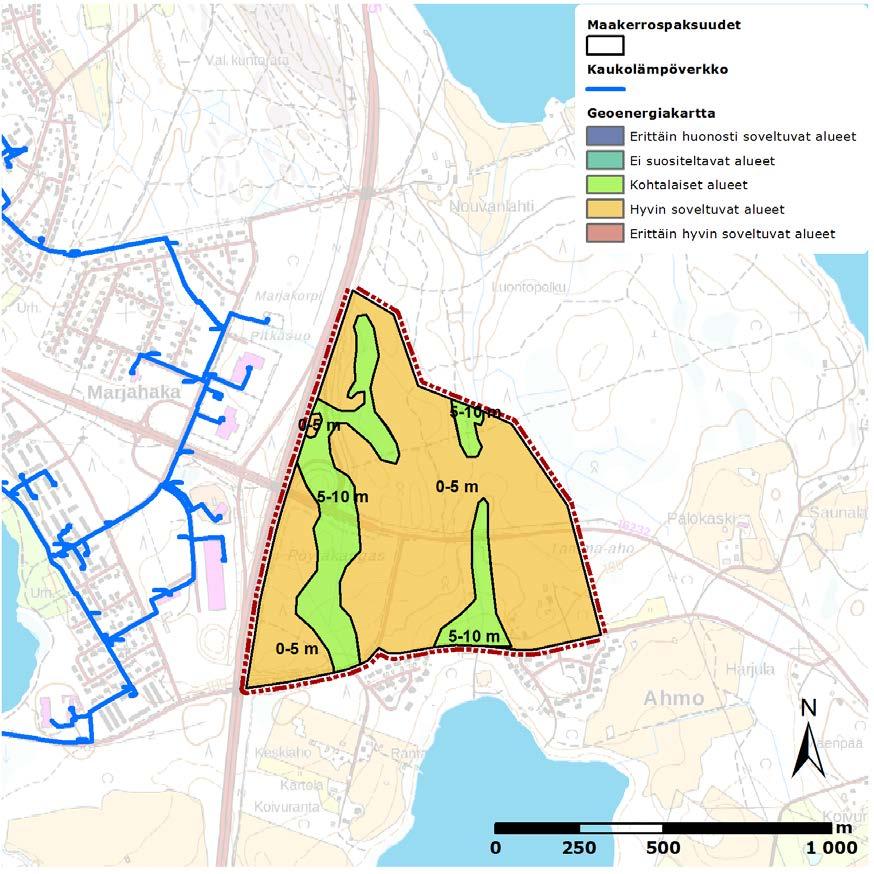 FCG SUUNNITTELU JA TEKNIIKKA OY Raportti 29 (62) Kuva 17. Geoenergiapotentiaaliluokitus ja maakerrospaksuudet Marjahaan kohdealueella.