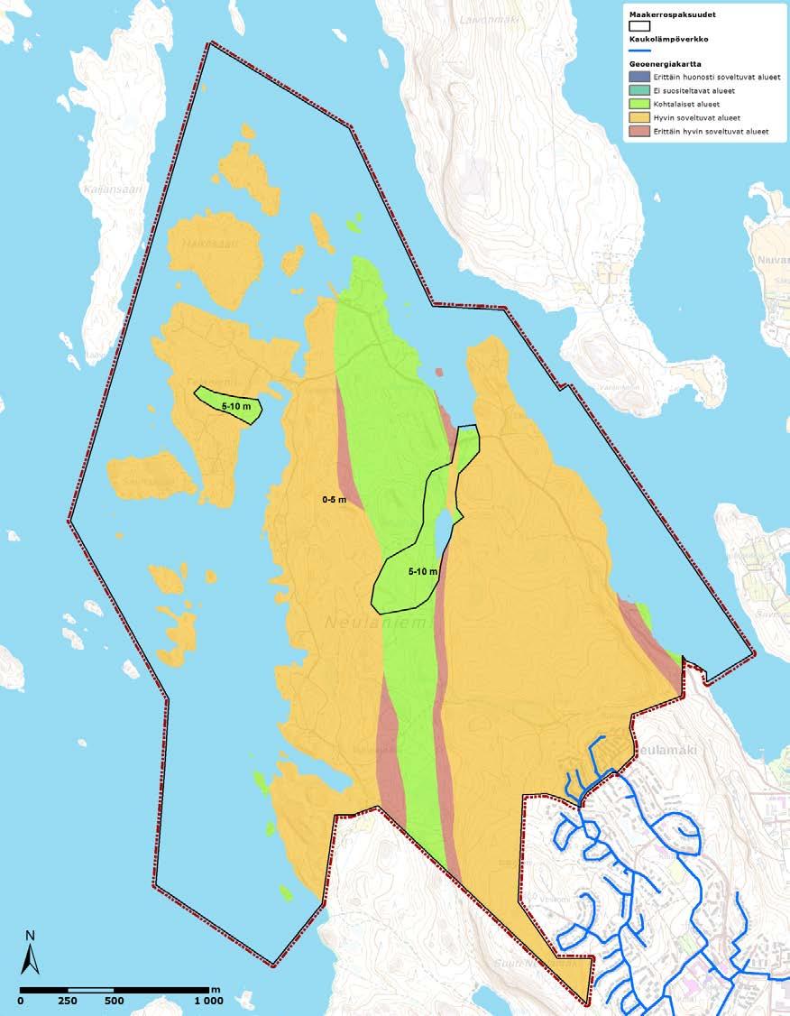 FCG SUUNNITTELU JA TEKNIIKKA OY Raportti 44 (62) Maapeitteen paksuuksien vaihteluväli on arviolta 0 10 metriä. Alue kuuluu kokonaisuudessa geoenergiapotentiaaliltaan kolmeen parhaimpaan luokkaan.