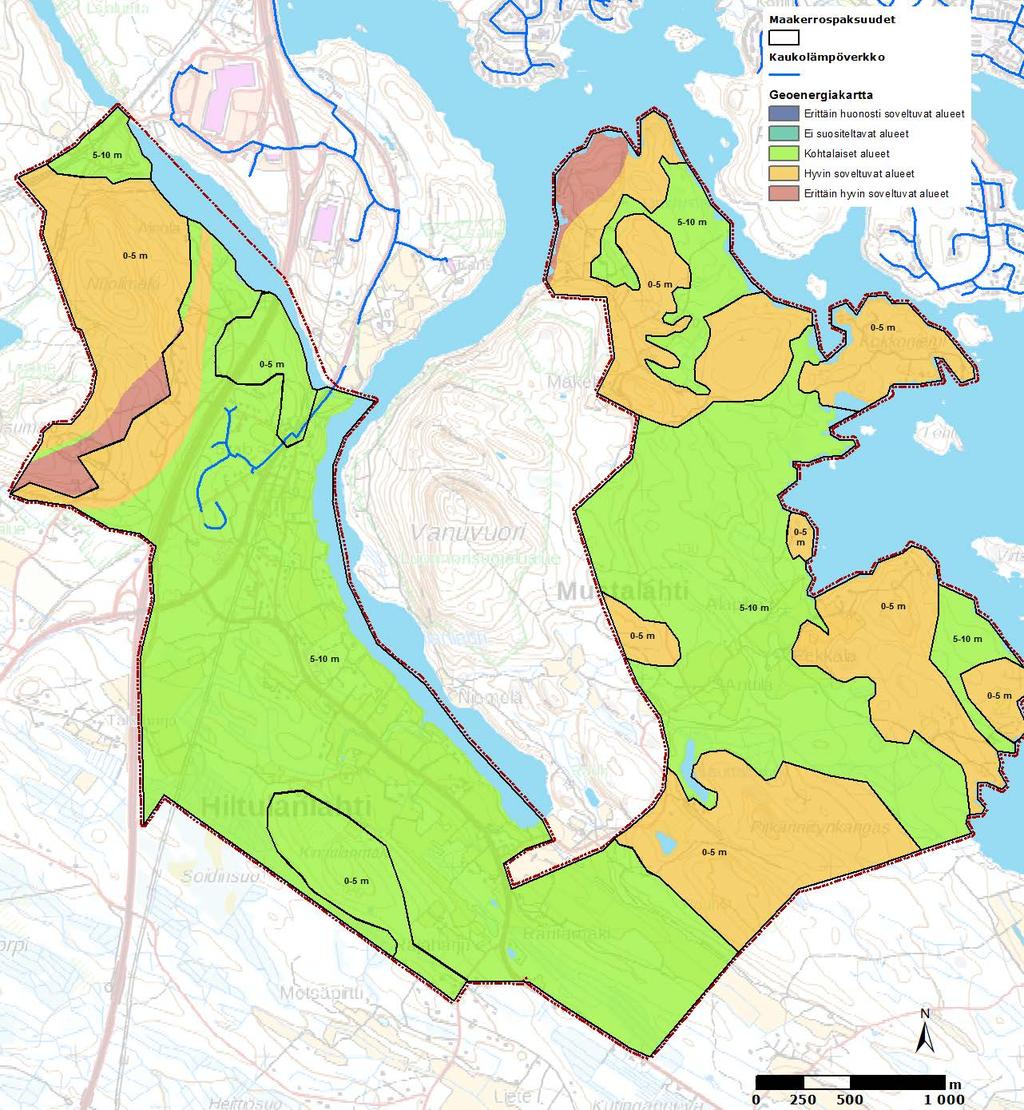 FCG SUUNNITTELU JA TEKNIIKKA OY Raportti 50 (62) Maapeitteen paksuuden vaihteluväli on arviolta 0 10 metriä. Alueella on kolme geoenergiapotentiaaliluokkaa; kohtalainen, hyvä ja erittäin hyvä.