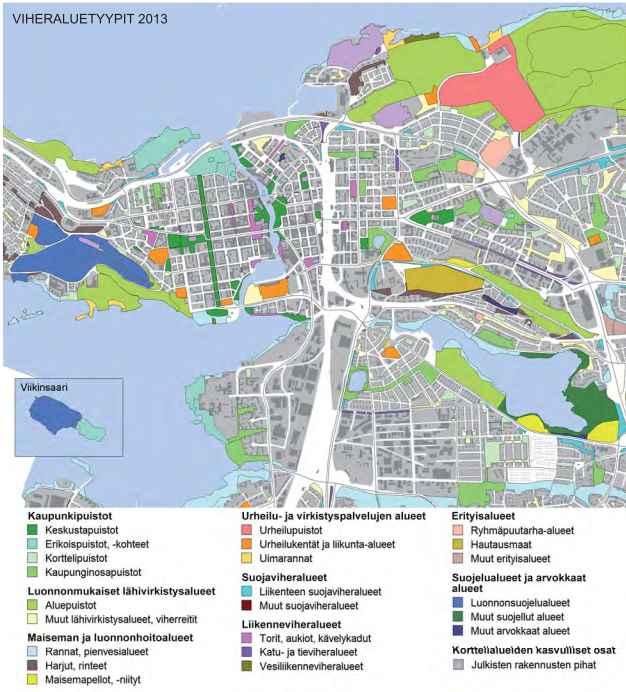 Aluepuistojen saavutettavuuden kannalta on oleellista näille keskustasta ja asuinalueilta johtava toimiva reittiverkosto. Kuva 11. Viheraluetyypit Tampereen vihreä keskusta raportin mukaan.