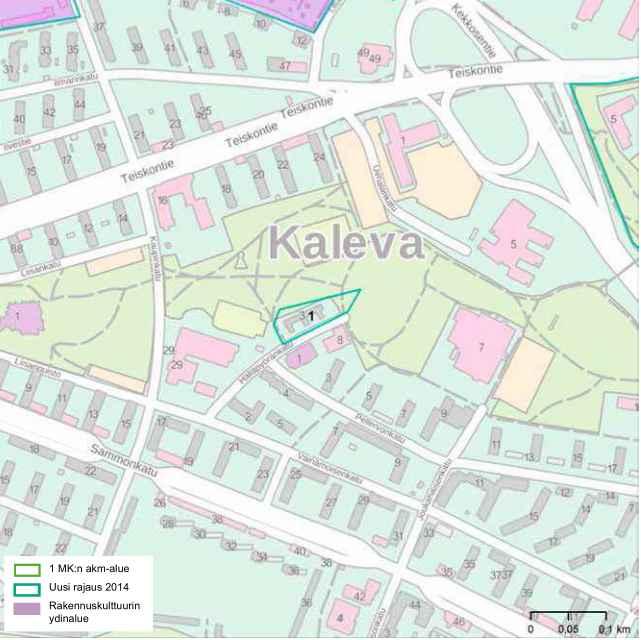 Rakennetun kulttuuriympäristön ja maisema-arkkitehtuurin arvot Kalevan RKY 2009 alue Kaupunkirakenteen runkona on Teiskontien ja Sammonkadun rajaama viuhkamainen muoto, jossa rakennuskanta keskittyy