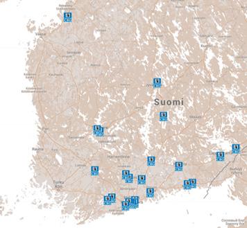 Kuva 2. Suomen 24 julkisen CBG100-tankkausaseman (a) ja 11 liikennebiokaasun tuotantolaitoksen (b) sijainnit vuoden 2016 lopussa (Lampinen 2016b). Fig. 2. Public CBG100 stations (24, a) and traffic fuel production plants (11, b) in Finland in the end of 2016 (Lampinen 2016b).