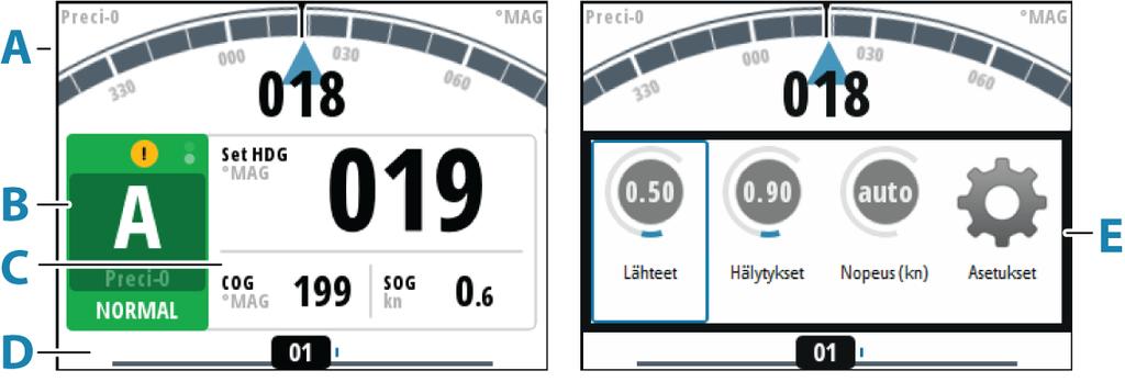 9, 11 < ja > (paapuurin ja styyrpuurin painikkeet) Valmiustilassa ja FU-seurantatilassa: aktivoi NFU (ei seurantaa) -ohjaustila painamalla painikkeita.