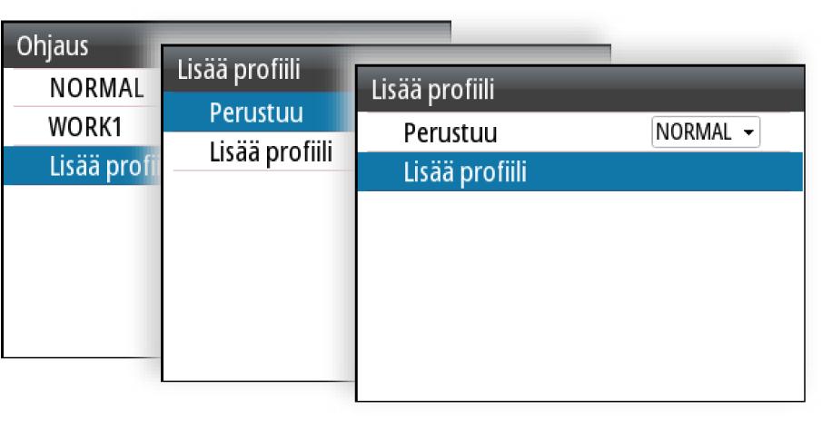 - Uuden profiilin on perustuttava jo luotuun tai esimääritettyyn työprofiiliin. Valitun työprofiilin parametrit kopioidaan uuteen profiiliin, ja voit muokata niitä myöhemmin 4.