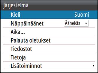 Ú Huomautus: Seuraavat asetukset kuvataan tämän ohjeen muissa osioissa: "Autopilottitietokoneen asetukset" sivulla 39 "Hälytykset" sivulla 62 Järjestelmäasetukset Language (Kieli) Tällä asetuksella