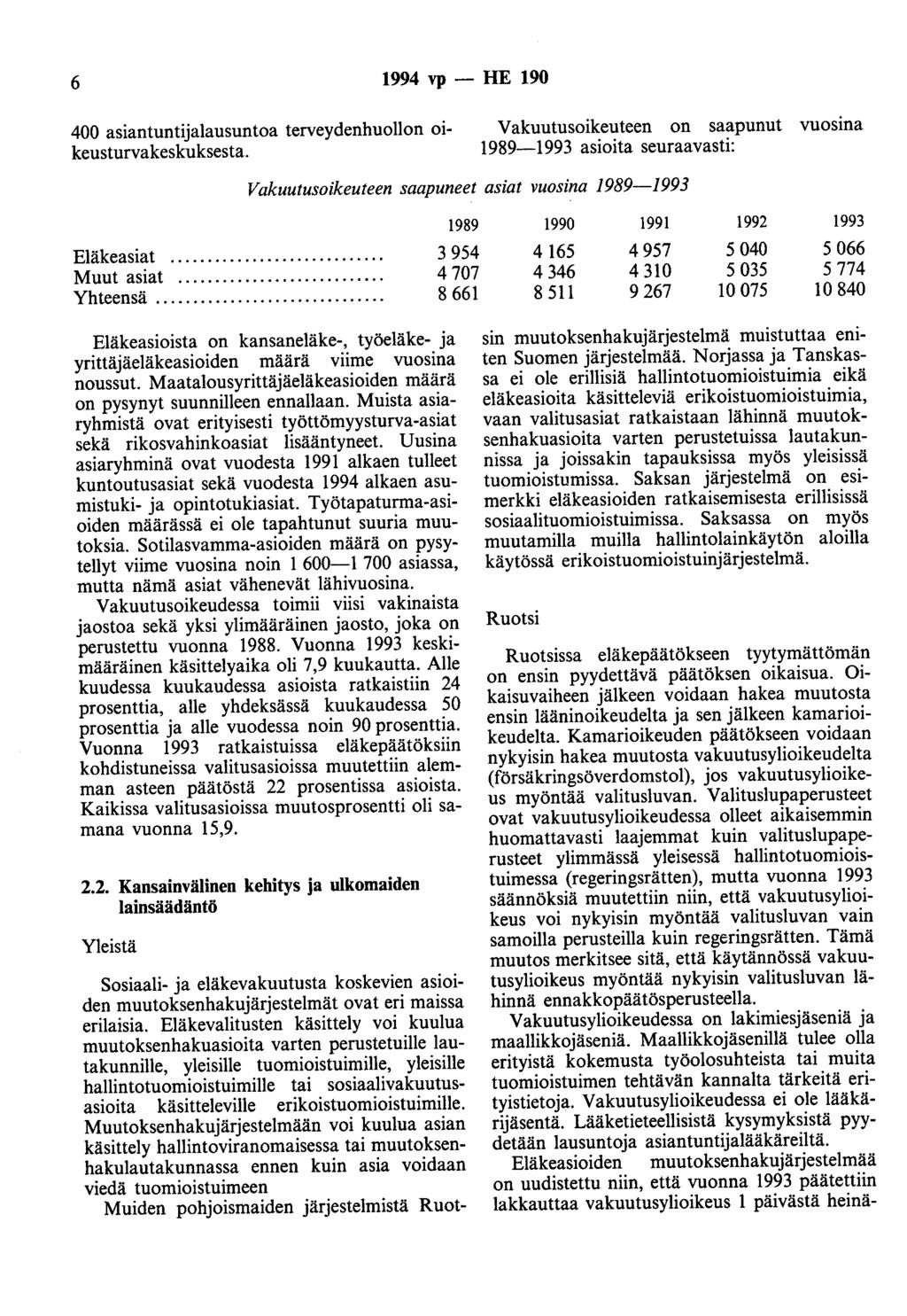 6 1994 vp - HE 190 400 asiantuntijalausuntoa terveydenhuollon oikeusturvakeskuksesta.