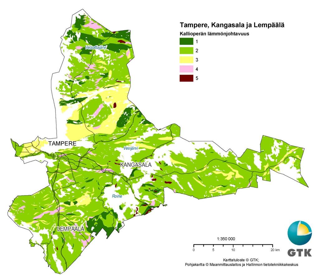 Kuva 3. Tampereen, Kangasalan ja Lempäälän kivilajien ja niiden lämmönjohtavuuden luokittelukartta.