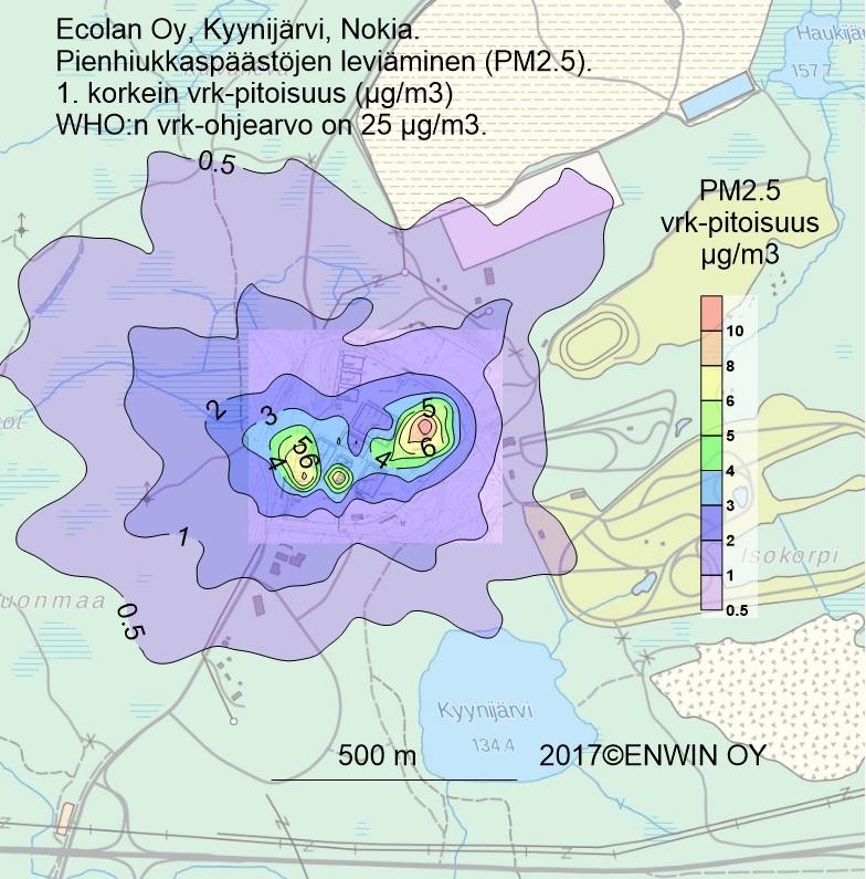 LIITE 6 Lähikuva laitosalueesta Kuva 2/L6. Ecolan Oy:n päästöistä aiheutuva PM 2.5-hiukkasten korkein vuorokausipitoisuus (µgpm 2.5/m 3 ). Laitoksen päästövaikutus PM 2.