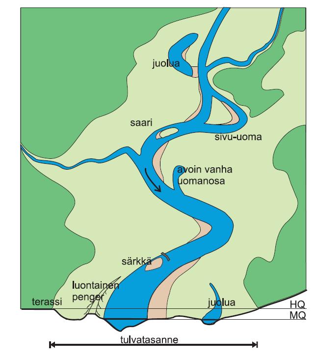 Uomamorfologia Vaikuttavia tekijöitä: virtaama, sedimentit, topografia Dynaamisuus