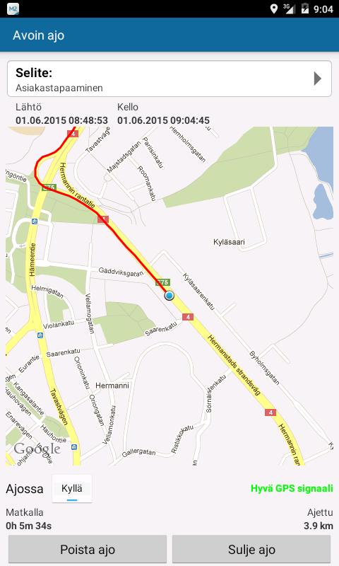 M2 MOBIILI KÄYTTÖOHJE (6/9) Perille päästyäsi tai pitäessäsi taukoa kytke Ajossa -tila pois päältä (GPS kytkeytyy pois päältä).