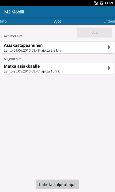 M2 MOBIILI KÄYTTÖOHJE (7/9) Kuva: Ajot Lähetä kaikki suljetut matkat painalla Lähetä suljetut ajot -painiketta.