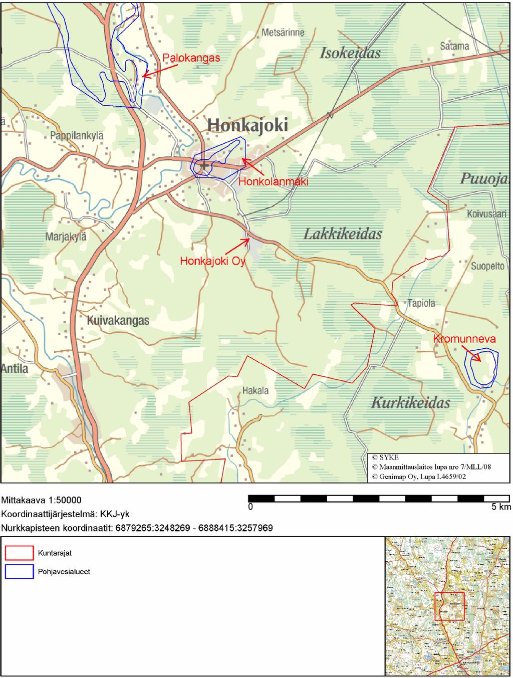 Honkajoki Oy YVA-ohjelma 2008 Kuva 5.6 Honkolanmäen, Palokankaan ja Kromunevan pohjavesialueet. 5.5.3.