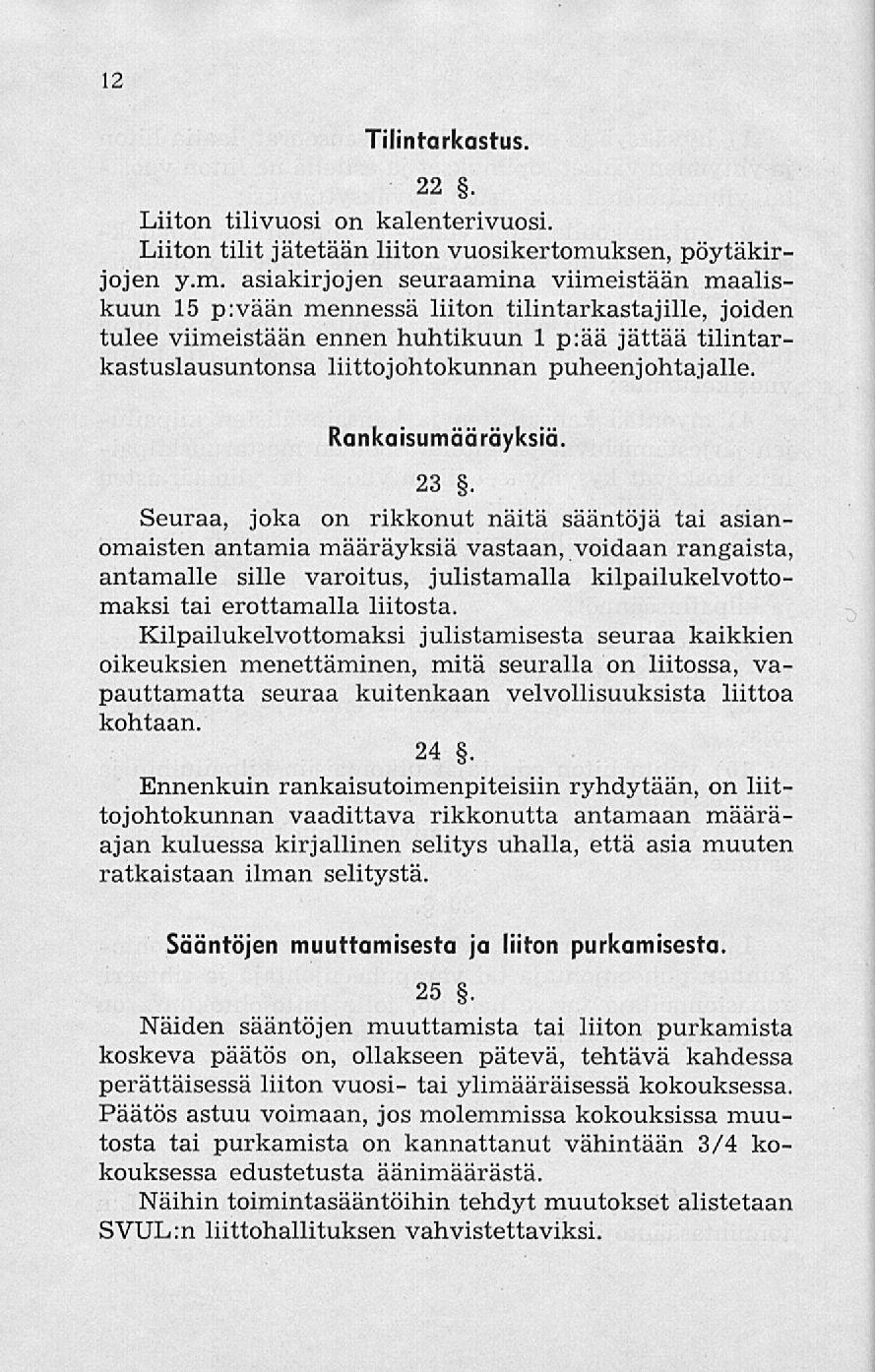 12 Tilintarkastus. 22. Liiton tilivuosi on kalenterivuosi. Liiton tilit jätetään liiton vuosikertomu