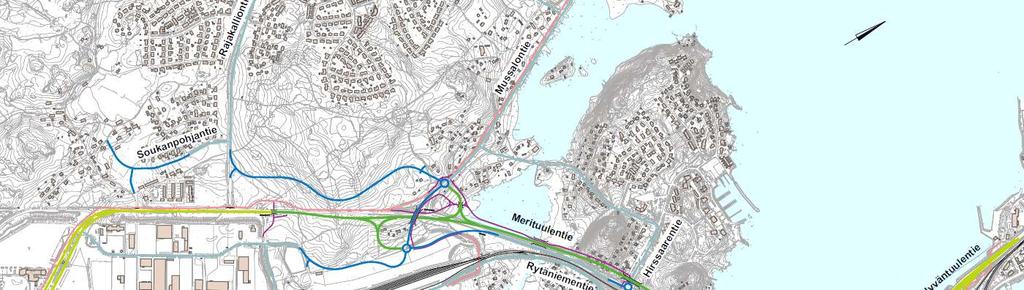 VE 1 24,9 M Sivutieyhteydet Merituulentielle katkaistaan ja liikenne ohjataan rinnakkaiskaduilla uuteen Mussalontien eritasoliittymään.