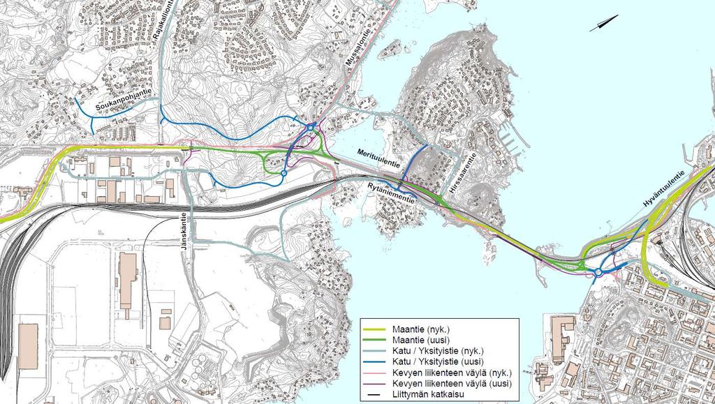 VE 2 22,3 M Sivutieyhteydet Merituulentielle katkaistaan ja liikenne ohjataan rinnakkaiskaduilla uuteen Mussalontien eritasoliittymään.