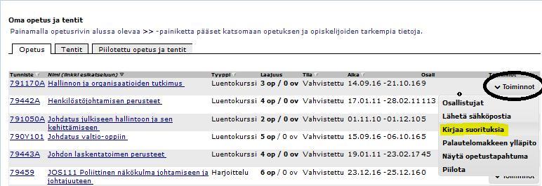 Suorituskirjaukseen pääsee Oma-Opetusnäytöltä (Toiminnot