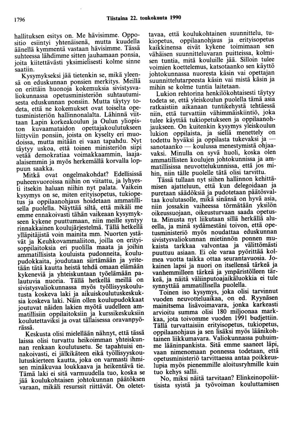 1796 Tiistaina 22. toukokuuta 1990 hallituksen esitys on. Me hävisimme. Oppositio esiintyi yhtenäisenä, mutta kuudella äänellä kymmentä vastaan hävisimme.