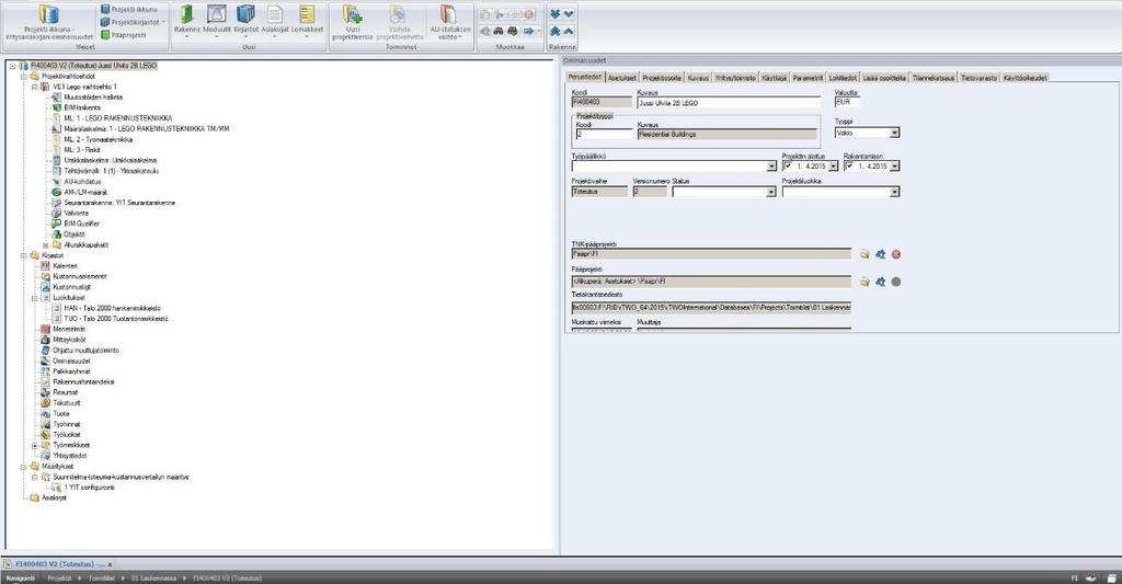 24 Kuva 11. RIB Software itwo:n käyttöliittymänäkymä. Järjestelmän käyttö perustuu määriin, jotka tuodaan projektille heti alkuvaiheessa, ja joihin järjestelmän muut toiminnot linkittyvät.