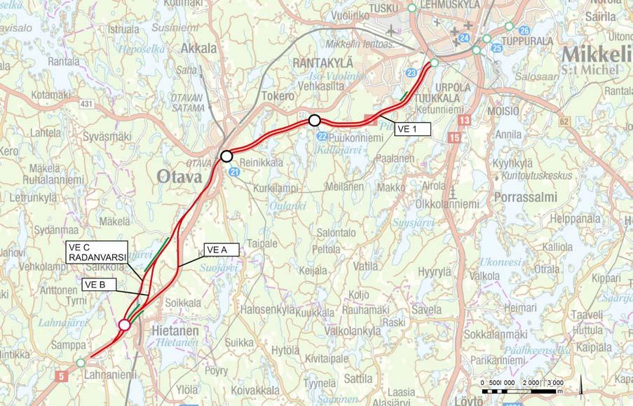 Arvioitavat vaihtoehdot Ympäristövaikutusten arvioinnin yhteydessä on tutkittu seuraavia vaihtoehtoja: Väli Hietanen Otava Vaihtoehto 0+, jossa nykyistä valtatietä parannetaan pienillä toimenpiteillä.