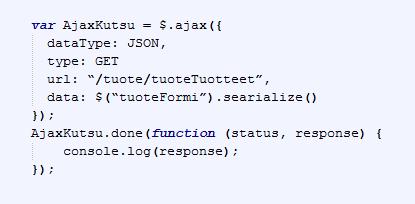 18 Kuvassa 1 näkyy hyvin yksinkertainen tapa rakentaa Ajax-kutsu. Se koostuu kahdesta osasta: HTTP-pyynnön lähettämisestä ja sen vastaanottamisesta. Kuvan esimerkissä var AjaxKutsu = $.