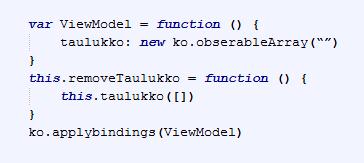 24 Kuten kuvassa 8 voidaan nähdä, removetaulukko-funktio on sijoitettu ViewModeliin. Funktiossa määrityksellä this viitataan ViewModeliin ja removetaulukko on funktion virallinen nimi.