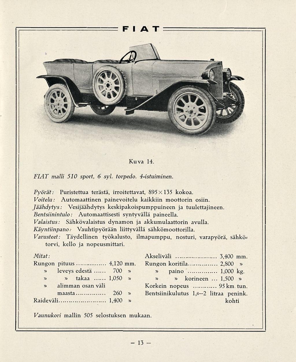 1,500 FIAT Kuva 14. FIAT malli 510 sport, 6 syl. torpedo. 4=istuiminen Pyörät: Puristettua terästä, irroitettavat, 895x135 kokoa. Voitelu: Automaattinen painevoitelu kaikkiin moottorin osiin.