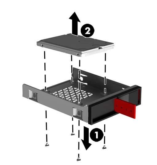 b. 2,5 tuuman SSD-levy: Irrota neljä ruuvia kehikon alapuolelta (1) ja nosta asema pois kehikosta (2). c. U.2-asema: Irrota neljä ruuvia, jotka kiinnittävät sovitinkannakkeen asemakehikkoon (1).