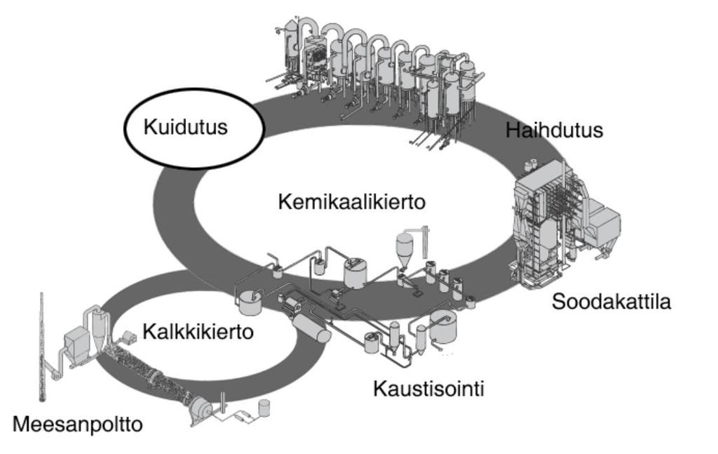 7 (30) 2 SULFAATTIPROSESSIN KEMIKAALIEN TALTEENOTTOKIERTO Kuva 1. Sulfaattiprosessin kemikaalien talteenottokierto (Knowpulp, 2017) 2.