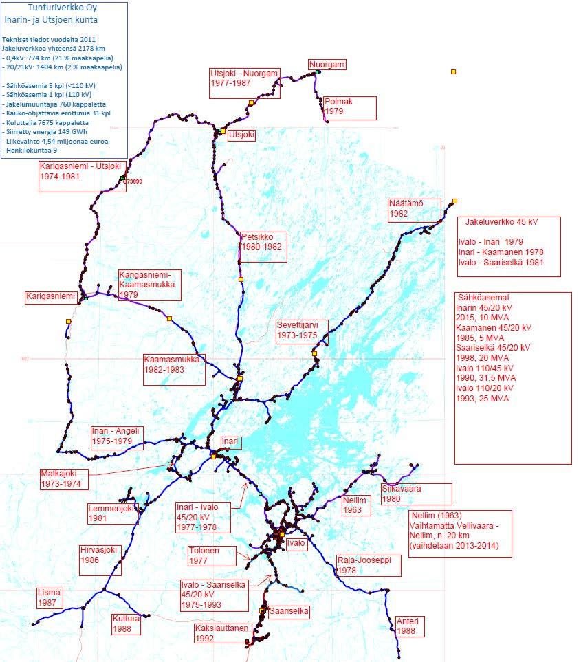 13 4 JAKELUVERKON NYKYTILA-ANALYYSI Tunturiverkon jakeluverkko on rakennettu pääosin 1970 80-luvulla, joten verkostolla on ikää lähes 50 vuotta. Jakeluverkon mukaiset poistoajat ovat 20 40- vuotta.