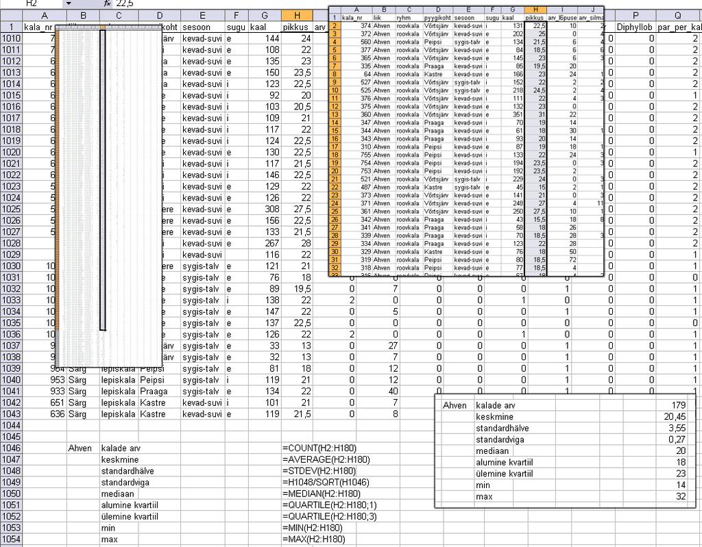 Andmete analüüs ja visualiseerimine Exceliga OSA 1 --- Arvkarakteristikud --- Funktsioonide kasutamine 1) Leidke andmetabeli alla püütud ahvenate arv, keskmine pikkus, pikkuse standardhälve