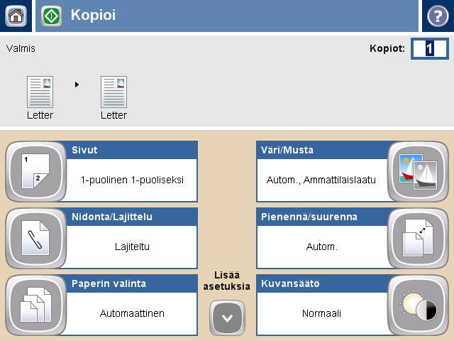 4 Valitse Lisää asetuksia. 5 Valitse Alkuperäinen koko. 6 Valitse Yhdistetyt koot (sama leveys) ja OK. 7 Valitse Kopioi.