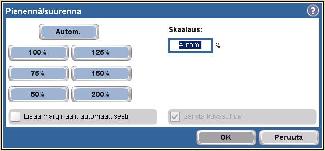 Kopioiden pienentäminen ja suurentaminen 1 Valitse Kopio. 2 Valitse Pienennä/suurenna. 3 Kosketa Skaalaus-ruutua tai esimääritettyä pienennystai suurennusvaihtoehtoa.