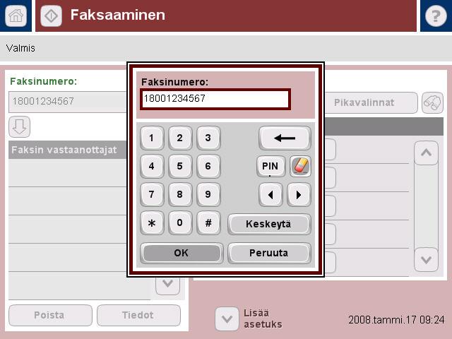 Faksin lähettäminen määrittämällä numerot manuaalisesti 1 Aseta asiakirja skannauslasille etupuoli alaspäin tai asiakirjansyöttölaitteeseen etupuoli ylöspäin. 2 Valitse päänäytössä Faksi-kuvake.