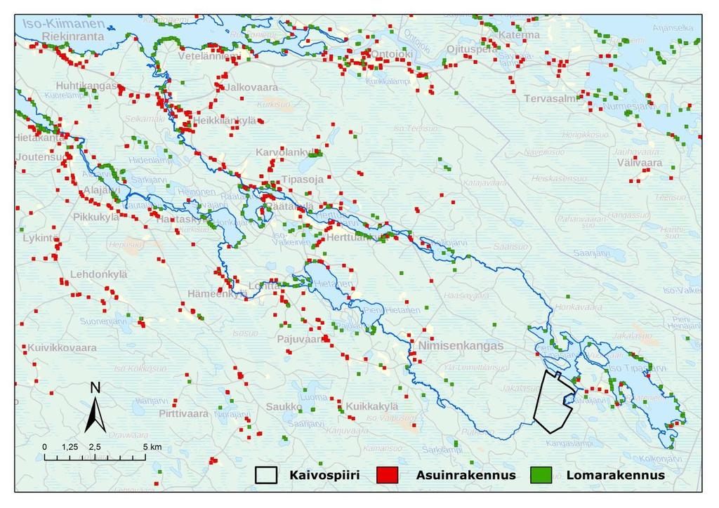 YMPÄRISTÖVAIKUTUSTEN ARVIOINTIOHJELMA 41 / 1 Tipasjärvien alue on harvaan asuttua. Taivaljärven kaakkoispuolella vajaan kilometrin etäisyydellä on lähialueen ainoa muutamien talojen ryhmä.