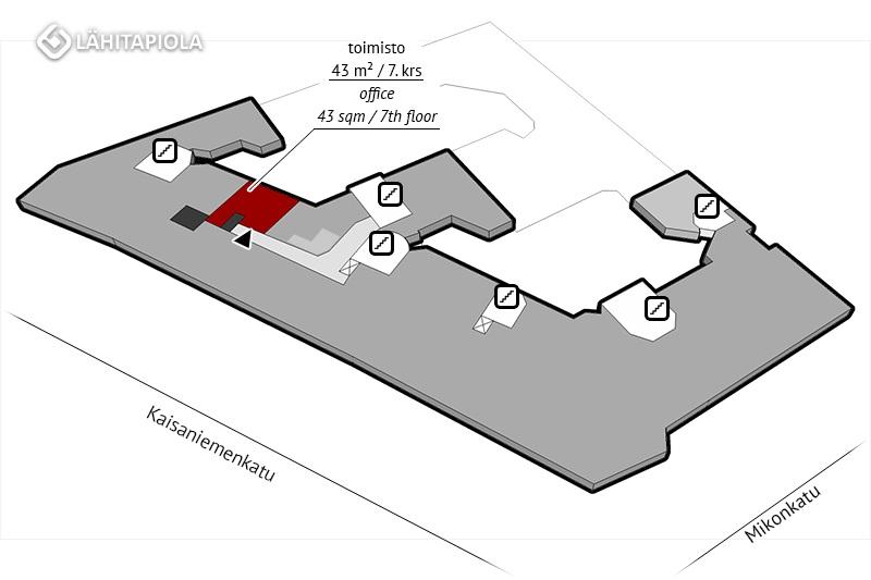 Toimisto 43 m² / 7. krs. Pieni avotila B-rapussa, sisäpihan puolella.