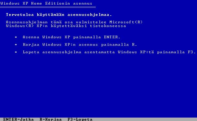 WINDOWSIN ASENTAMINEN Tämä dokumentti kuvaa Windows XP:n Home-version asentamisen. Pro-version asennus ei poikkea kovin merkittävästi tästä ohjeesta.