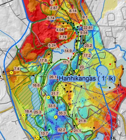 Hanhikangas: 2015 toteutuneet kairaukset - uutta kairausta 2015 172 m (maakairaus) - kokonaiskairaus 196 m (maa +