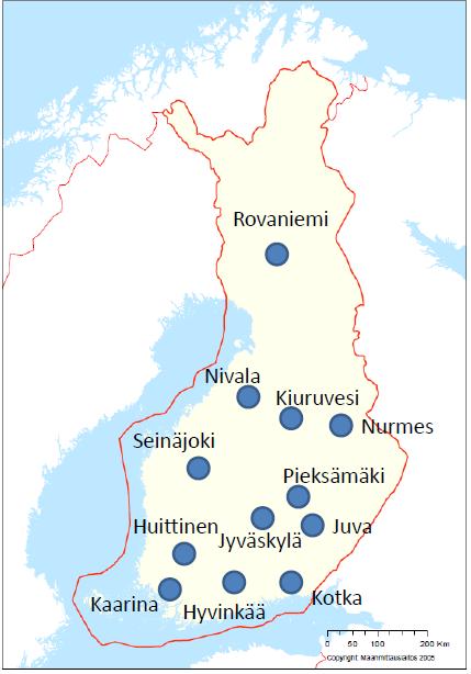 Kuva 1. Työpajojen paikkakunnat Hankkeen loppuseminaari Ilmastonmuutos ja maaseutu järjestettiin 10.3.2014 Hämeenlinnassa.