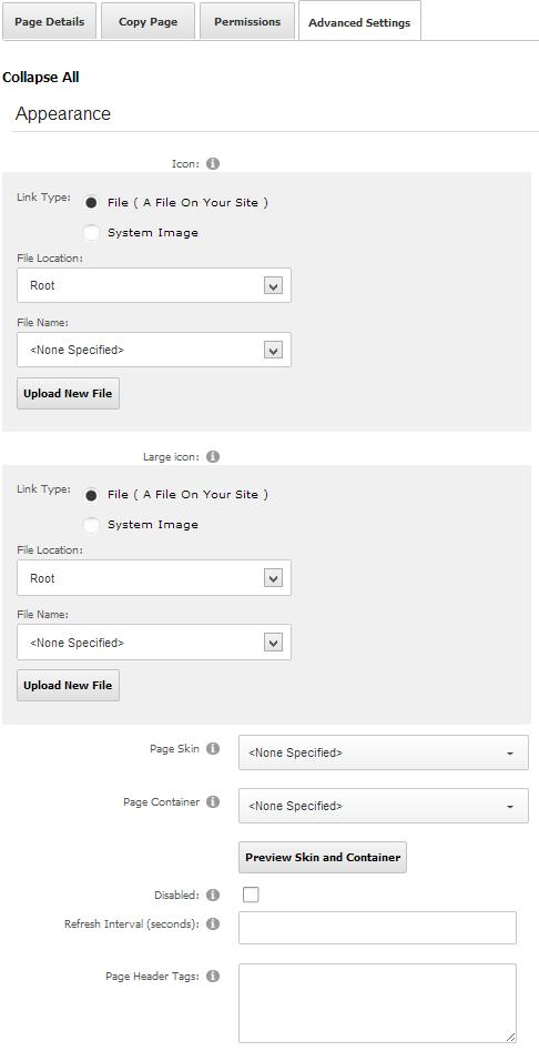 Uuden sivun lisääminen 4/5 Advanced Settings välilehti Appearance Page skin valitse pudotusvalikosta haluamasi ulkoasu uudelle sivulle Page container voit valita