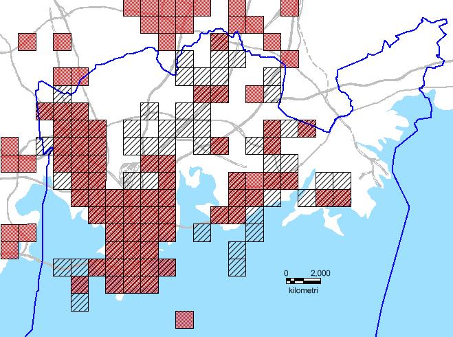 Tulosten havainnollistaminen ja käyttö Ruudut jaetaan omaisuusvahinkoriskin perusteella luokkiin Luokka 1: R 100 Luokka 2: 50 R < 100 Luokkien 1 ja 2 ruudut korostetaan kartalla Riskiarvo soveltuu