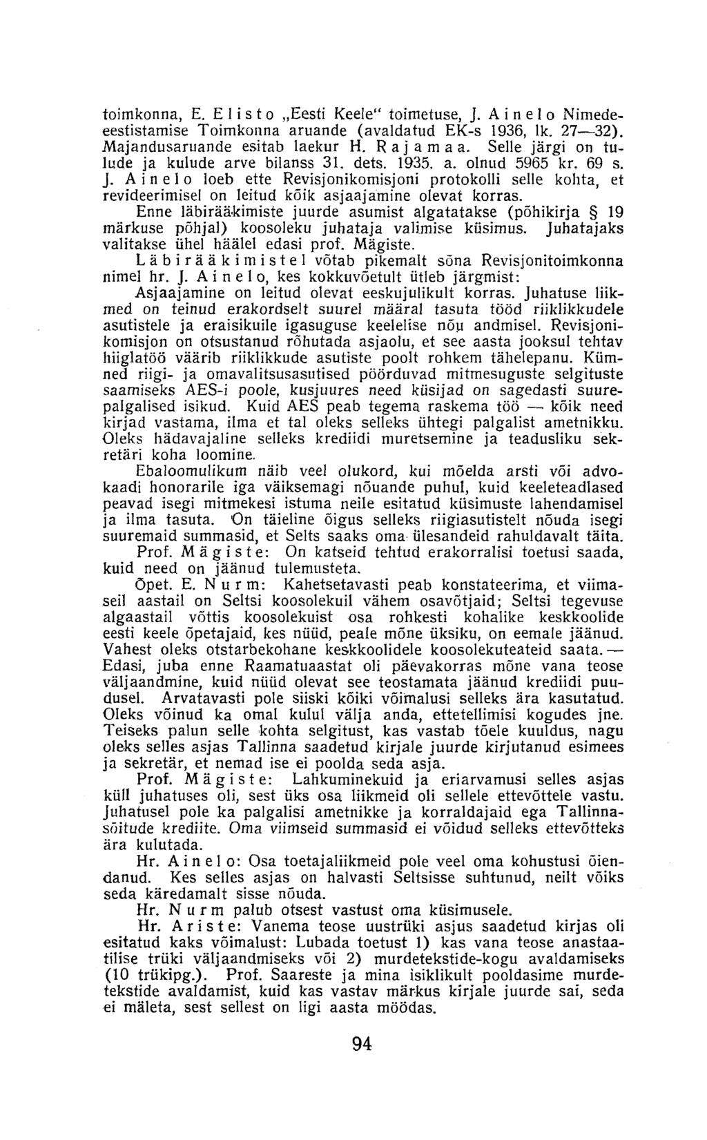 toimkonna, E. E 1 i s t o Eesti Keele" toimetuse, J. A i n e 1 o Nimedeeestistamise Toimkonna aruande (avaldatud EK-s 1936, lk. 27 32). Majandusaruande esitab laekur H. Rajamaa.