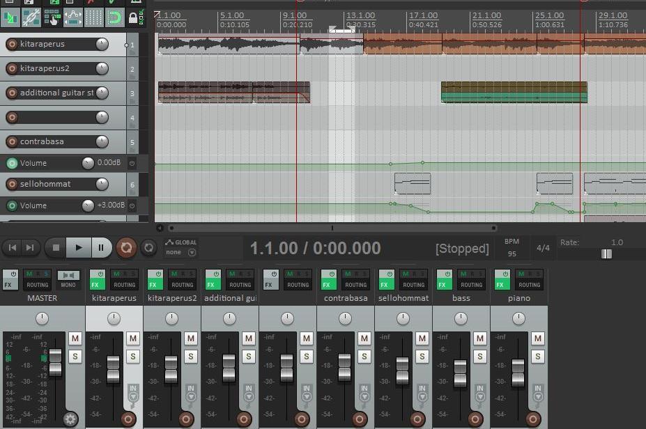 Kevyempi Reaper (ks. kuvio 12) on halvempi valinta, joka ei käytä koneen resursseja yhtä paljon kuin aikaisemmin mainitut FL Studio tai Pro Tools.