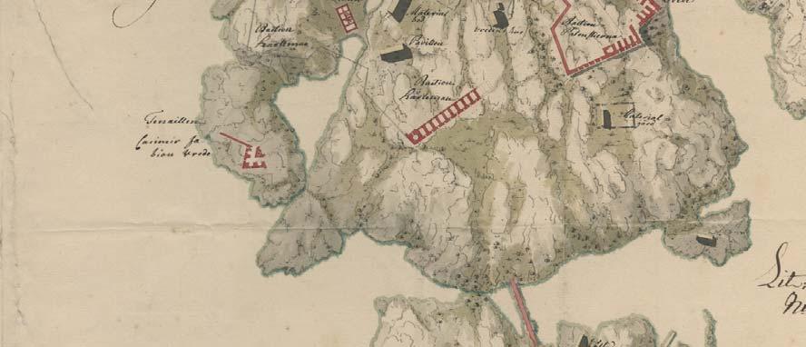 lisäksi saarella on ollut paviljonkeja, pajoja, sairaaloita, varastoja ja useita rakennuksia, joiden käyttötarkoituksesta ei ole tietoa. Alla oleva kartta esittää Susisaarta vuonna 1750.