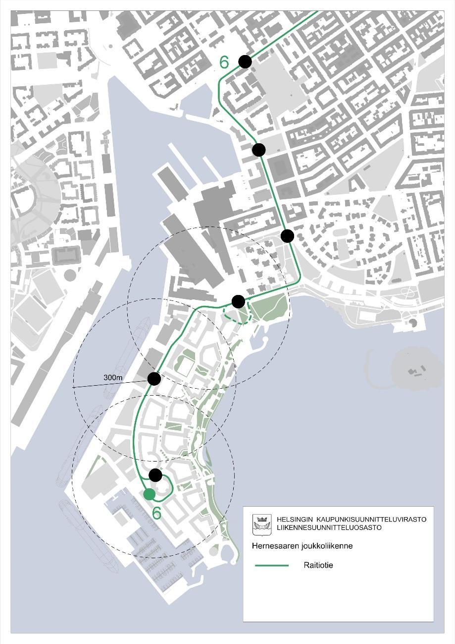 7 Joukkoliikenne Hernesaaren joukkoliikenne perustuu raitiotieyhteyteen, joka kulkee Hernesaaresta Eiranrannan, Hietalahdenrannan ja Telakkakadun kautta Bulevardille.