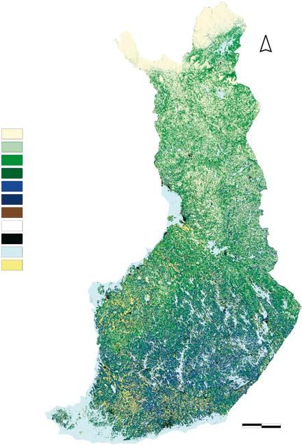 Metsävarat 1 N Tilavuus, m 3 /ha Growing stock, m 3 /ha 0 20 21 50 51 100 101 150 151 200 201 Turvetuotanto Peat production Pilvi Cloud Rakennettu maa Build-up land Vesi Water Pelto Arable land 0 100