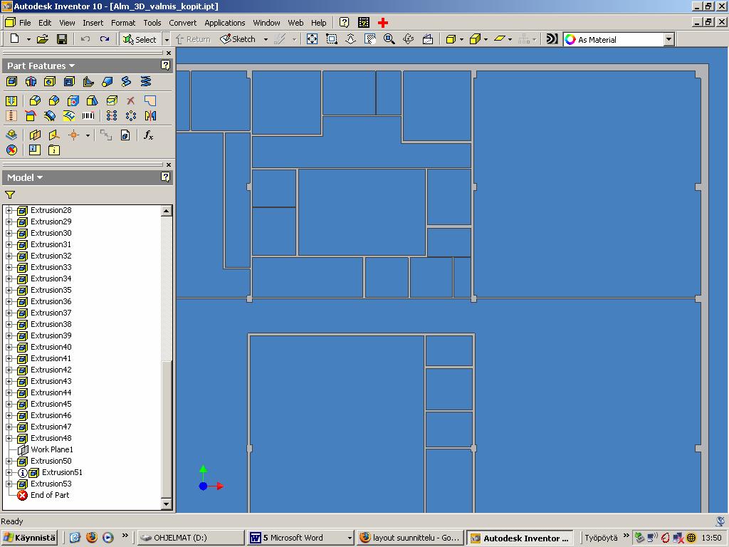 25 Kuva 13. Autodesk Inventorilla mallinnetun 2D-mallin osa Mallin luominen aloitettiin Autodesk Inventor -ohjelmalla siten, että valittiin rakennukselle nollapiste eli origo.