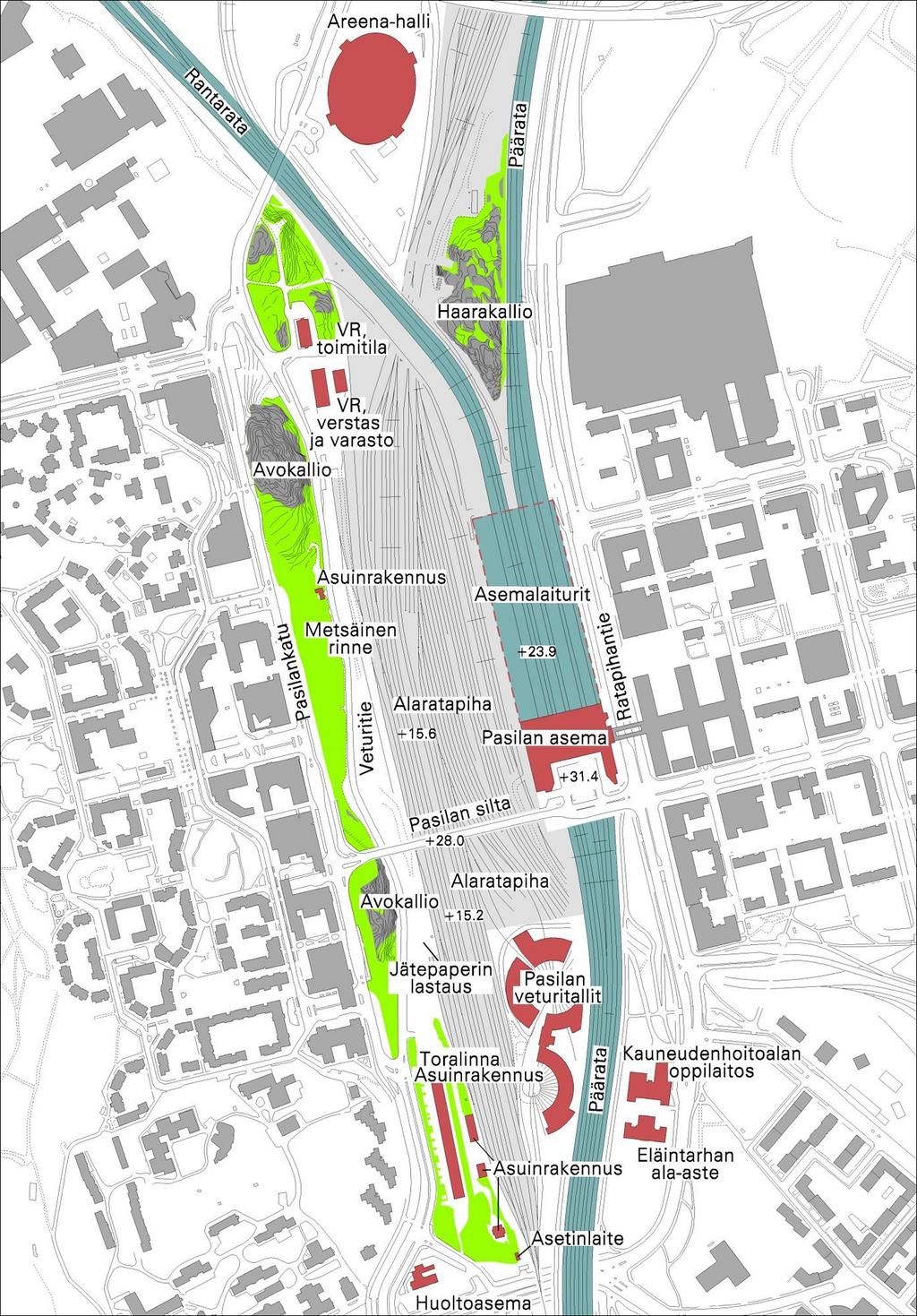 9 12. kaupunginosasta (Alppiharju). Suunnittelualue rajautuu Itäja Länsi-Pasiloiden korttelirakenteiden väliin.