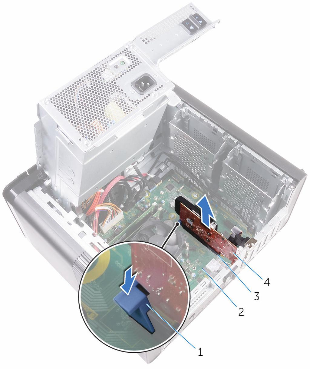 2 Työnnä PCIe-korttipaikan kiinnityskieleke irti näytönohjaimesta, ota kiinni kortin yläreunasta