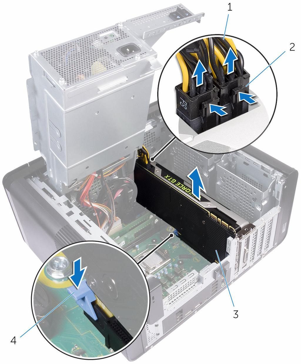 3 Työnnä PCIe-korttipaikan kiinnityskieleke irti näytönohjaimesta, ota kiinni kortin yläreunasta
