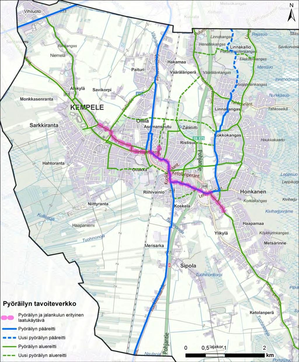 Pyöräilyn tavoiteverkko koko kunnan alueella. Joukkoliikenne Kempeleen joukkoliikenne käyttää jatkossakin nykyisiä reittejä. Yhdyskuntarakennetta on täydennetty ja tiivistetty osayleiskaavassa.